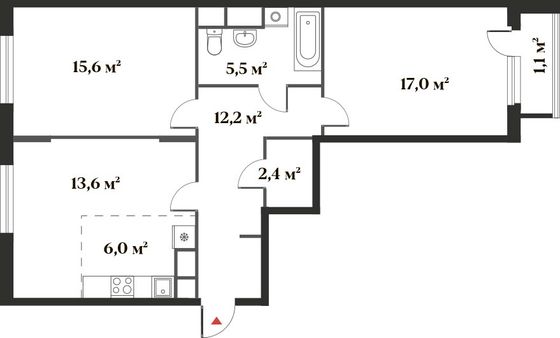 73,4 м², 3-комн. квартира, 2/6 этаж