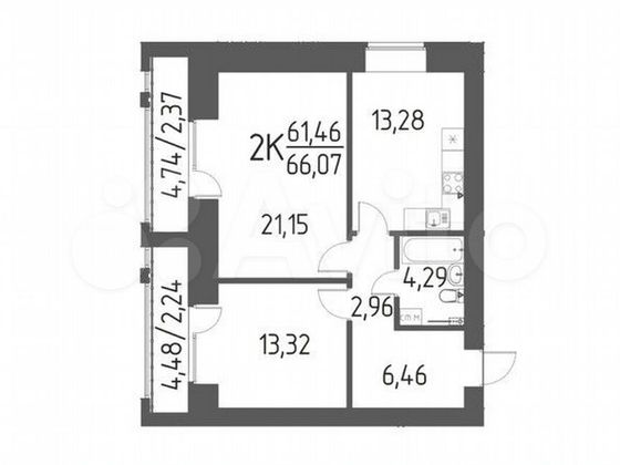 Продажа 2-комнатной квартиры 66,1 м², 3/8 этаж