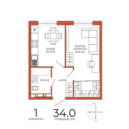 34 м², 1-комн. квартира, 4/18 этаж