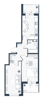 Продажа 2-комнатной квартиры 56,9 м², 2/3 этаж