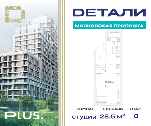 28,5 м², студия, 8/23 этаж