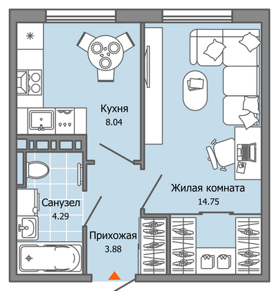 31 м², 1-комн. квартира, 4/7 этаж