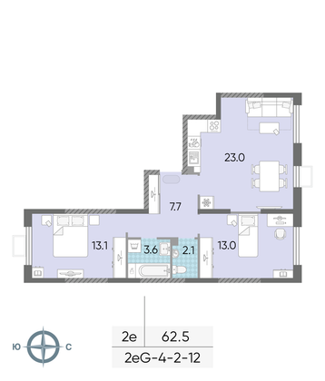 62,5 м², 2-комн. квартира, 6/24 этаж