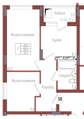 44,3 м², 2-комн. квартира, 8/9 этаж