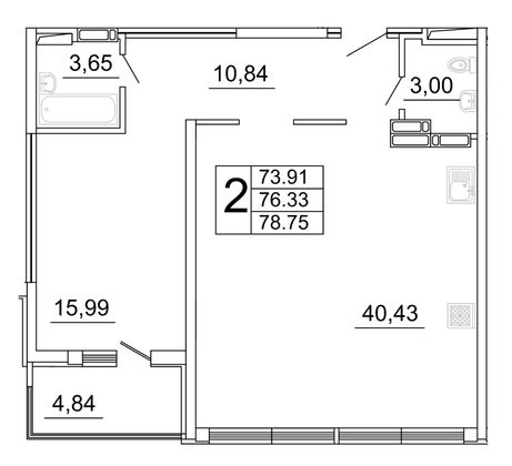 78,8 м², 2-комн. квартира, 23/27 этаж