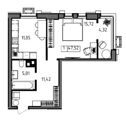 Продажа 1-комнатной квартиры 47,5 м², 4/23 этаж