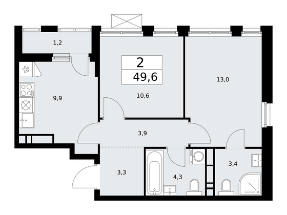 49,6 м², 2-комн. квартира, 13/18 этаж