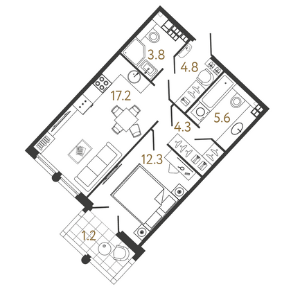 48 м², 1-комн. квартира, 6/9 этаж