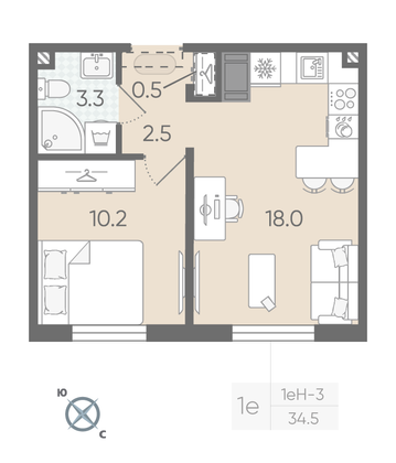Продажа 1-комнатной квартиры 34,5 м², 13/22 этаж