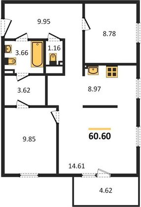 Продажа 2-комнатной квартиры 60,6 м², 13/16 этаж
