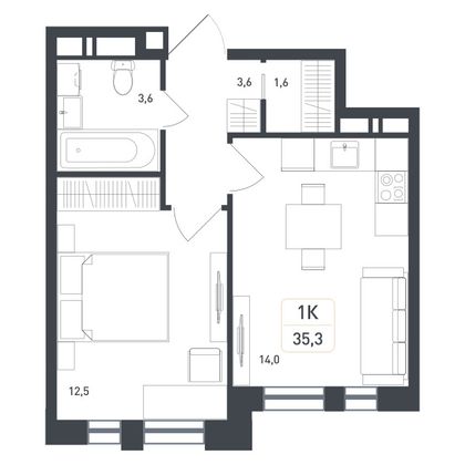 35,3 м², 1-комн. квартира, 6/8 этаж