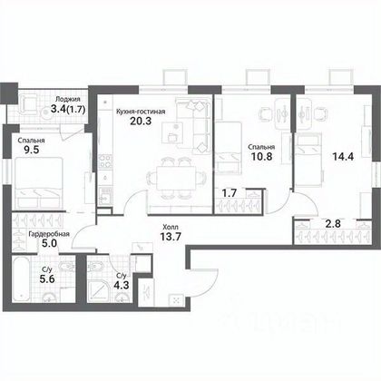 Продажа 3-комнатной квартиры 89,8 м², 8/14 этаж