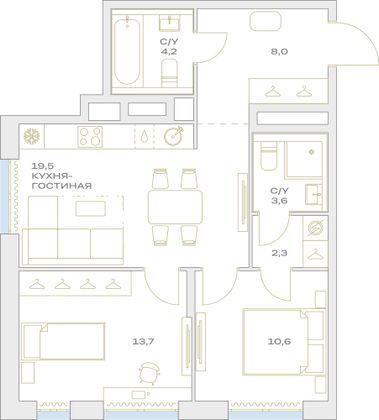 Продажа 2-комнатной квартиры 61,9 м², 17/23 этаж