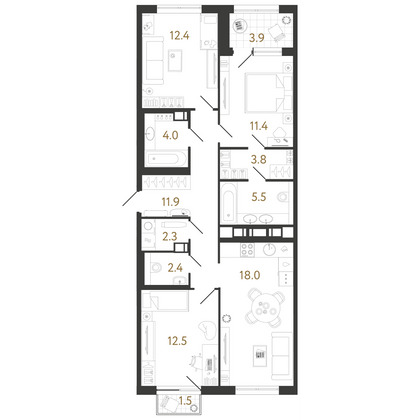 84,2 м², 3-комн. квартира, 9/15 этаж