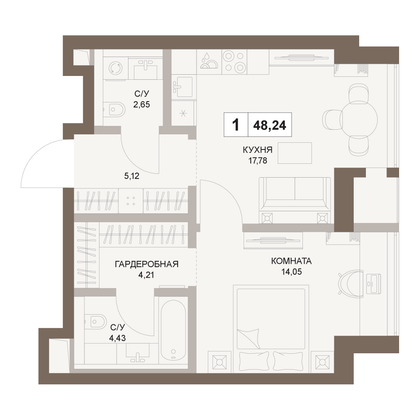 48,2 м², 1-комн. квартира, 53/75 этаж