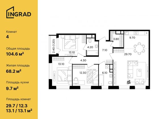 104,6 м², 4-комн. квартира, 18/22 этаж