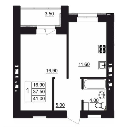 41 м², 1-комн. квартира, 1/12 этаж