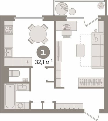 Продажа 1-комнатной квартиры 32,1 м², 6/9 этаж