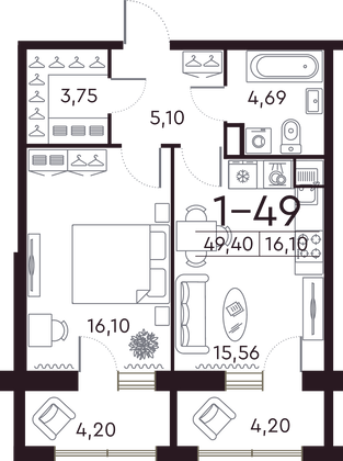 49,6 м², 1-комн. квартира, 8/8 этаж