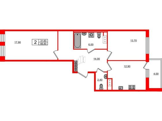 Продажа 2-комнатной квартиры 66,9 м², 5/10 этаж