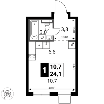 24,1 м², 1-комн. квартира, 8/24 этаж