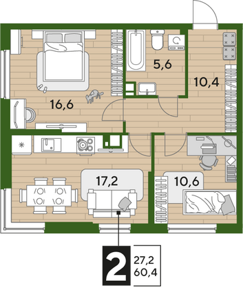 Продажа 2-комнатной квартиры 60,4 м², 4/16 этаж