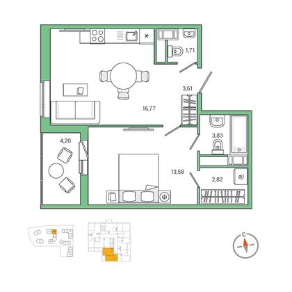 46,5 м², 1-комн. квартира, 11/11 этаж