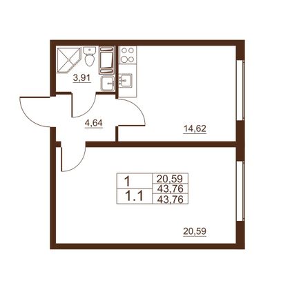 Продажа 1-комнатной квартиры 43,8 м², 1/11 этаж