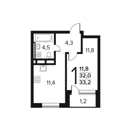 33,2 м², 1-комн. квартира, 8/11 этаж