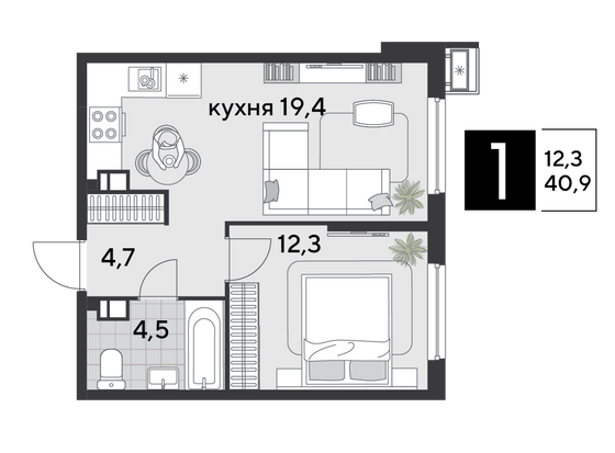 Продажа 1-комнатной квартиры 40,9 м², 3/9 этаж