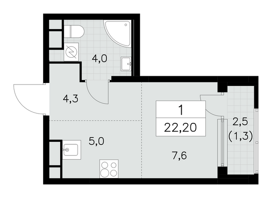 22,2 м², своб. планировка, 16/30 этаж