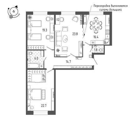 104,5 м², 3-комн. квартира, 2/18 этаж