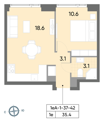 Продажа 1-комнатной квартиры 35,4 м², 40/52 этаж