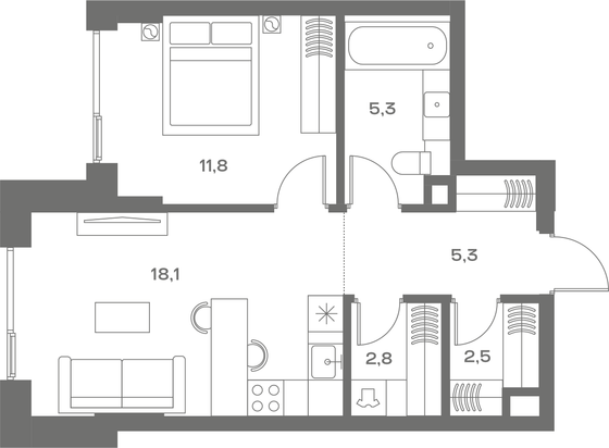 45,8 м², 1-комн. квартира, 2/8 этаж