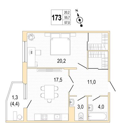 Продажа 1-комнатной квартиры 57,3 м², 6/8 этаж
