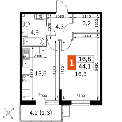 44,1 м², 1-комн. квартира, 1/22 этаж