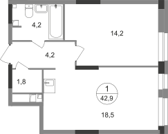 42,9 м², 1-комн. квартира, 3/19 этаж