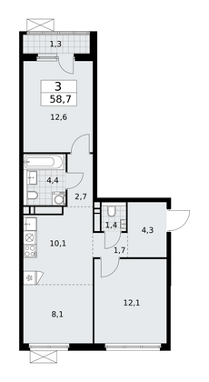 58,7 м², своб. планировка, 13/13 этаж