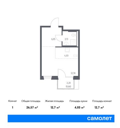 26,6 м², студия, 2/9 этаж