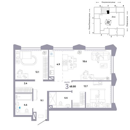 68,8 м², 3-комн. квартира, 14/30 этаж