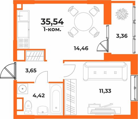 35,5 м², 1-комн. квартира, 9/10 этаж