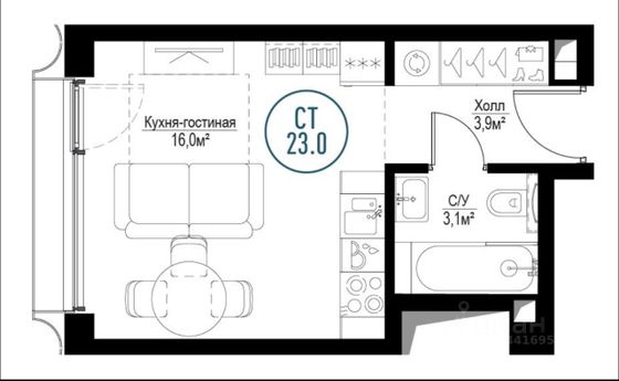 Продажа квартиры-студии 22,9 м², 29/30 этаж