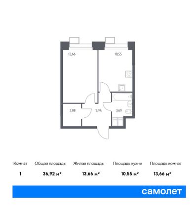 36,9 м², 1-комн. квартира, 15/23 этаж