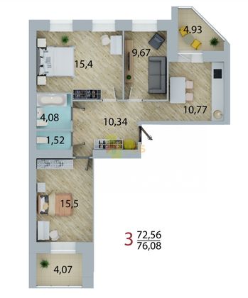 Продажа 3-комнатной квартиры 72,6 м², 3/10 этаж