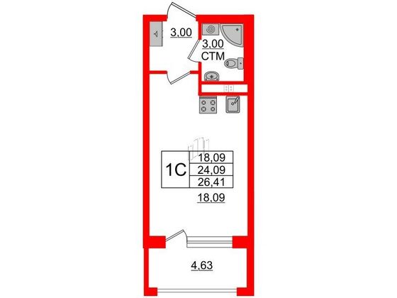 Продажа квартиры-студии 24,1 м², 3/4 этаж