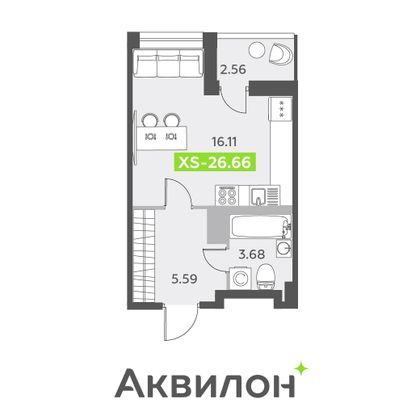 26,7 м², студия, 7/13 этаж