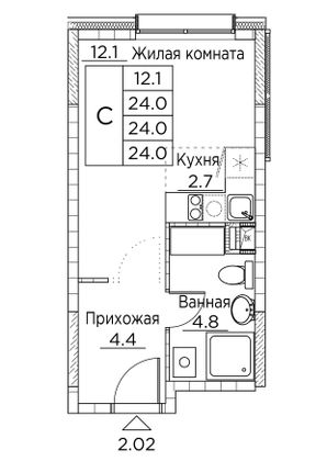 24 м², студия, 1/21 этаж