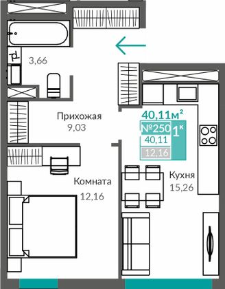 40,1 м², 1-комн. квартира, 2/9 этаж