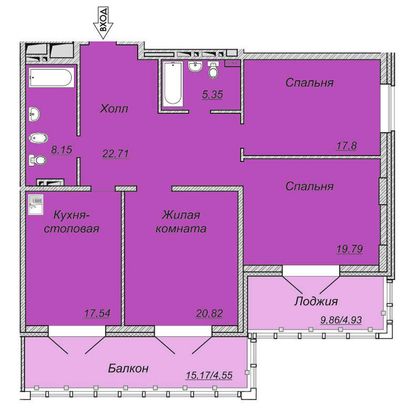 Продажа 3-комнатной квартиры 121,6 м², 5/22 этаж