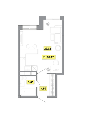 30,2 м², 1-комн. квартира, 9 этаж